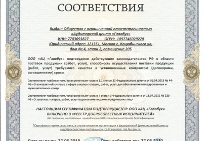 Сертификат Аудиторскому центру "Главбух" о включении в "Реестр добросовестных исполнителей" от 27.06.2019 года